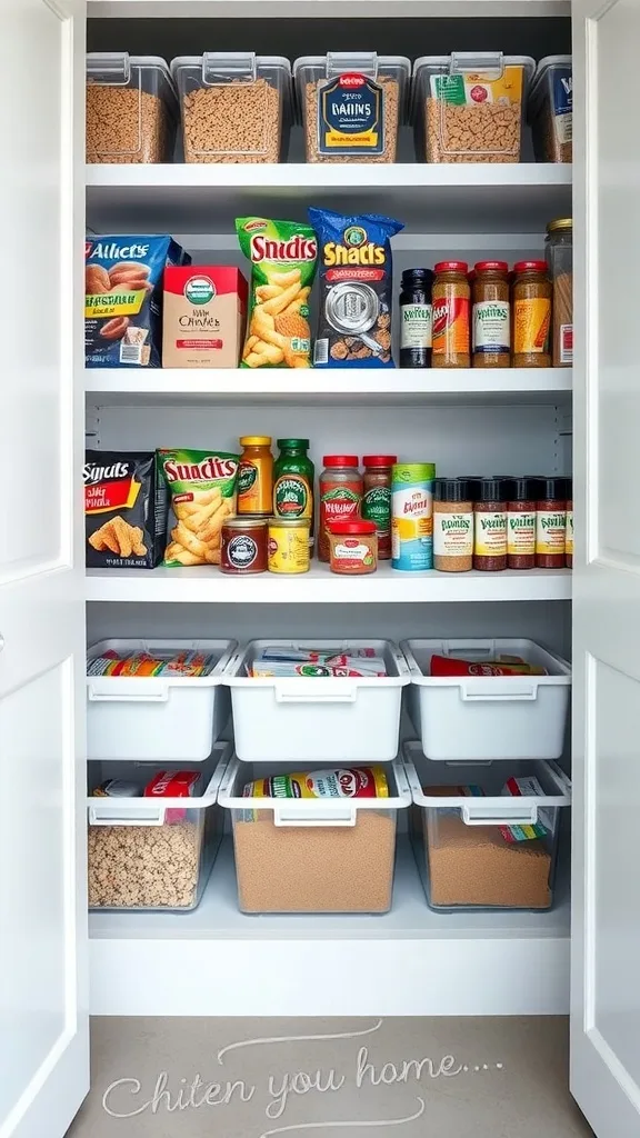 An organized pantry with stackable bins filled with snacks, cereals, and spices
