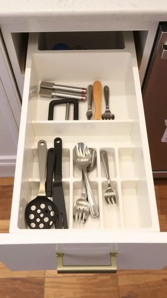 Organized kitchen drawer with dividers for utensils