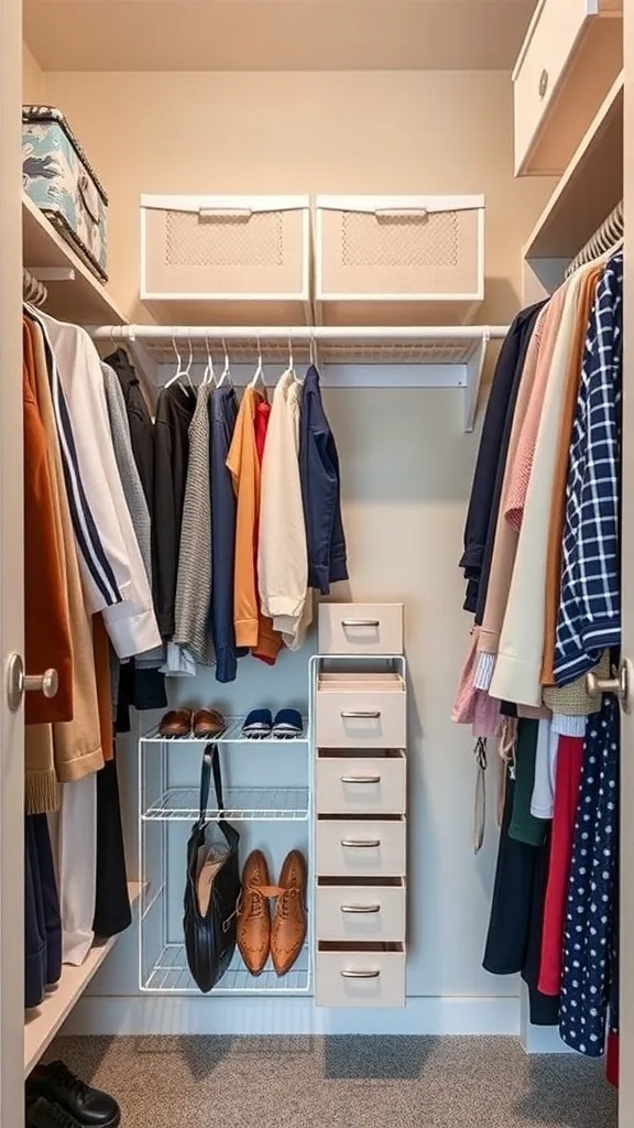 A neatly organized closet featuring vertical storage solutions with hanging clothes, shoe rack, and drawers.