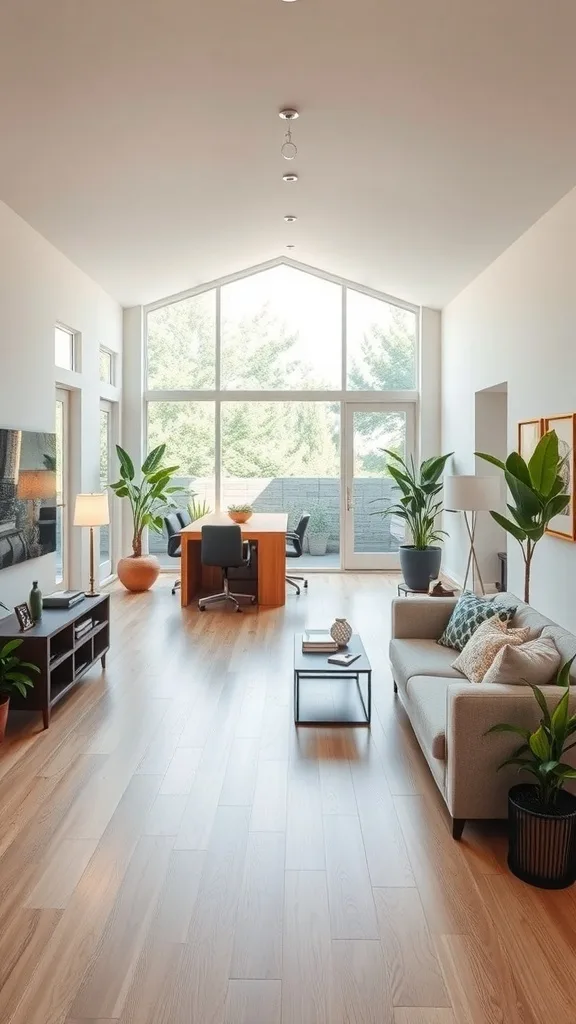 Open floor plan with defined zones for living and working, featuring a cozy sofa, coffee table, desk, and plants.