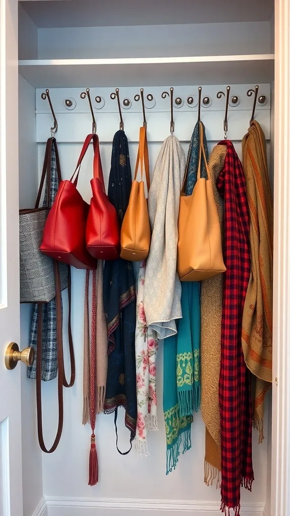 Closet with bags and scarves organized on hooks