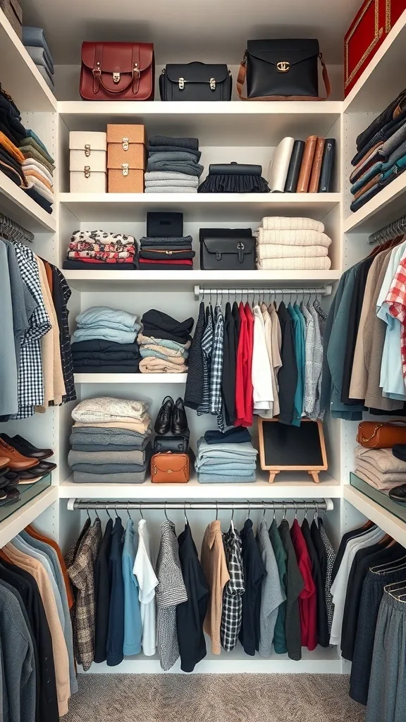 A well-organized closet with shelves displaying neatly folded clothes and bags.