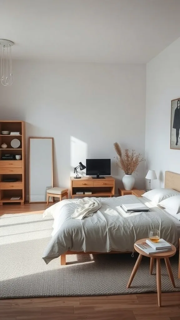 A minimalist bedroom featuring wooden furniture, soft bedding, and natural light.