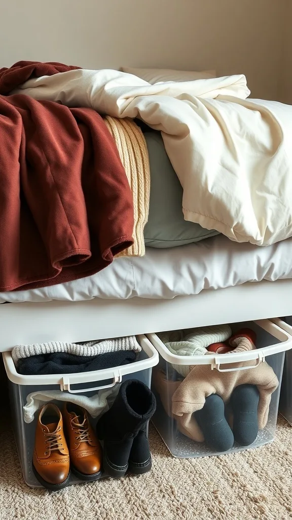 Image of a neatly organized bed with under-bed storage bins filled with clothes and shoes.