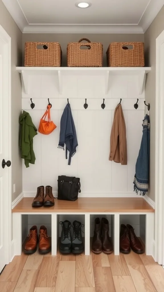 A well-organized mudroom with hooks for coats, woven baskets, and shoe storage