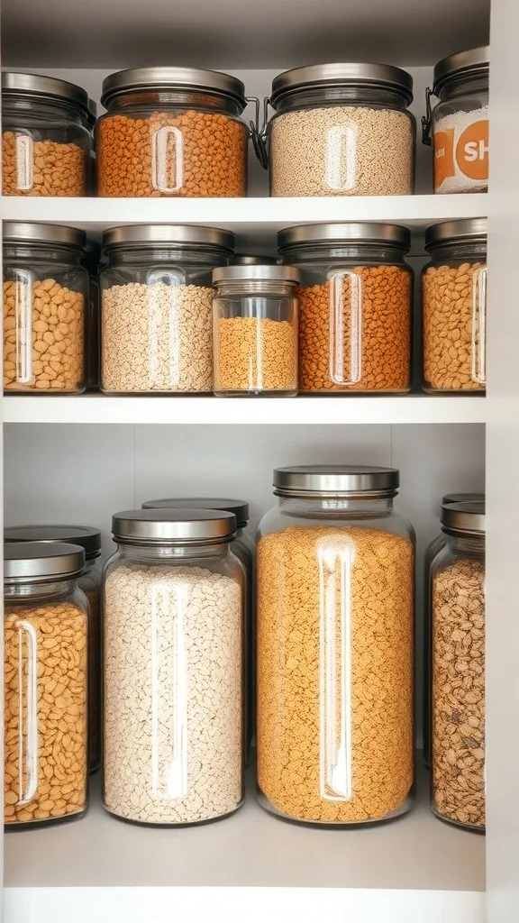 Organized pantry with various clear jars filled with colorful grains and snacks, creating a neat display.
