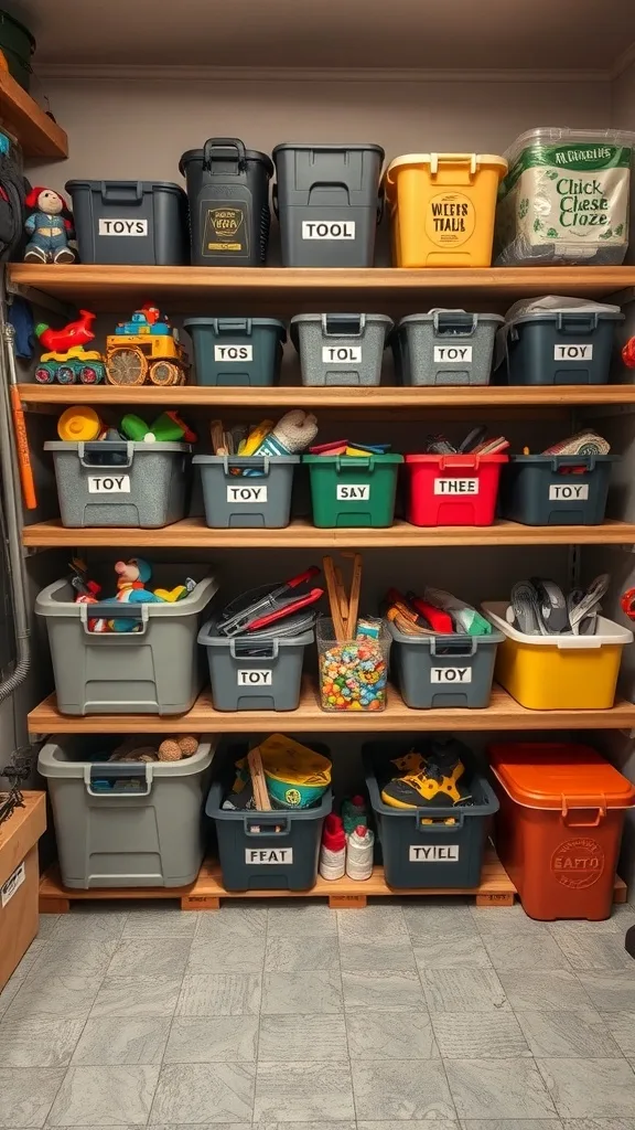 Organized storage bins on shelves with labels for easy access