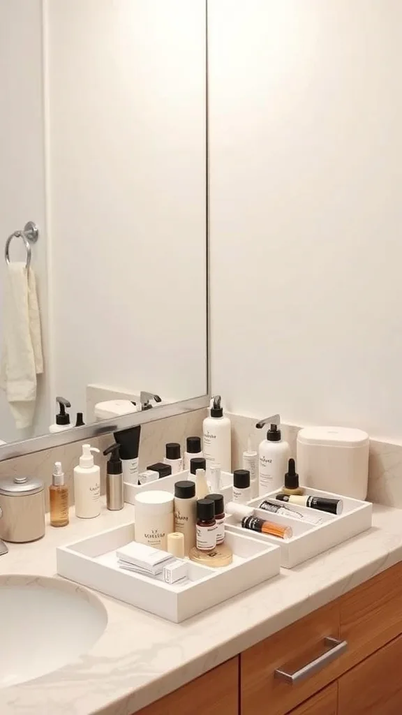 Organized bathroom counter with skincare products and neatly placed trays.