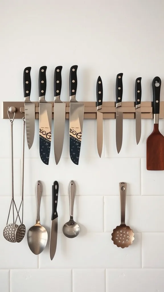 Magnetic strip with various kitchen knives and utensils hanging