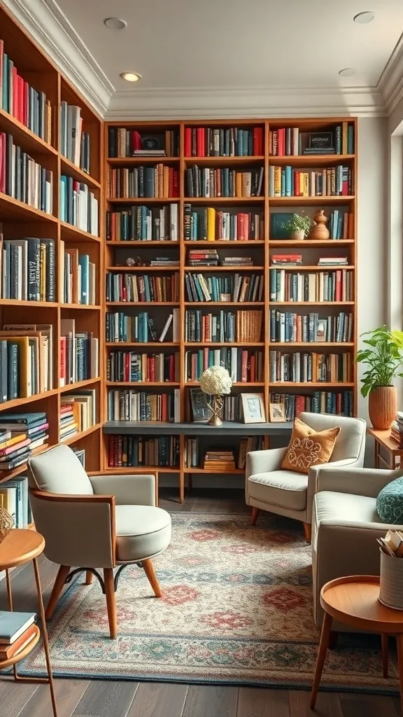 Cozy home library with neatly organized wooden bookshelves, comfortable seating, and decorative items.
