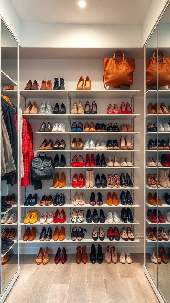 A neat and organized shoe wall with various styles of shoes on display.