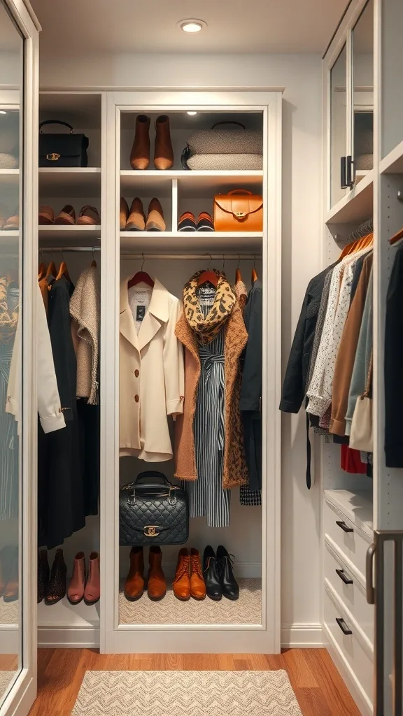A stylish closet with organized clothes, shoes, and a full-length mirror.