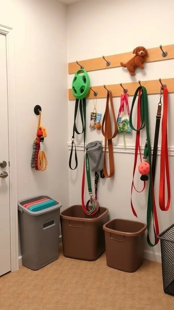 A well-organized area for pet supplies with hooks for leashes and bins for storage