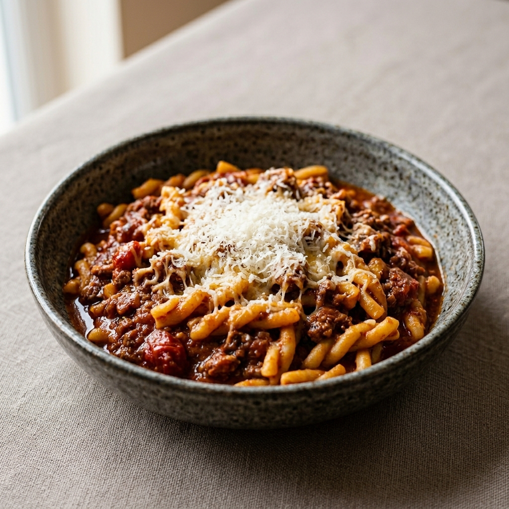 Strozzapreti mit Hackfleisch-Bolognese &amp; Tomatenpesto – Wenn ein einfaches Abendessen zur kleinen Italo-Reise wird