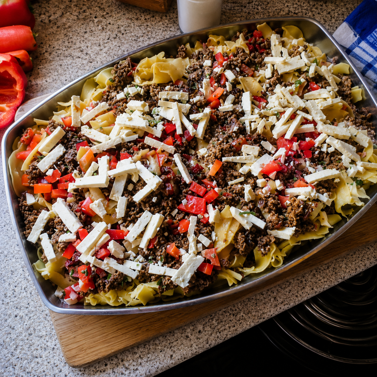 Mediterraner Nudelauflauf mit Hackfleisch und Feta – schnell & einfach – 139 kcal/100g