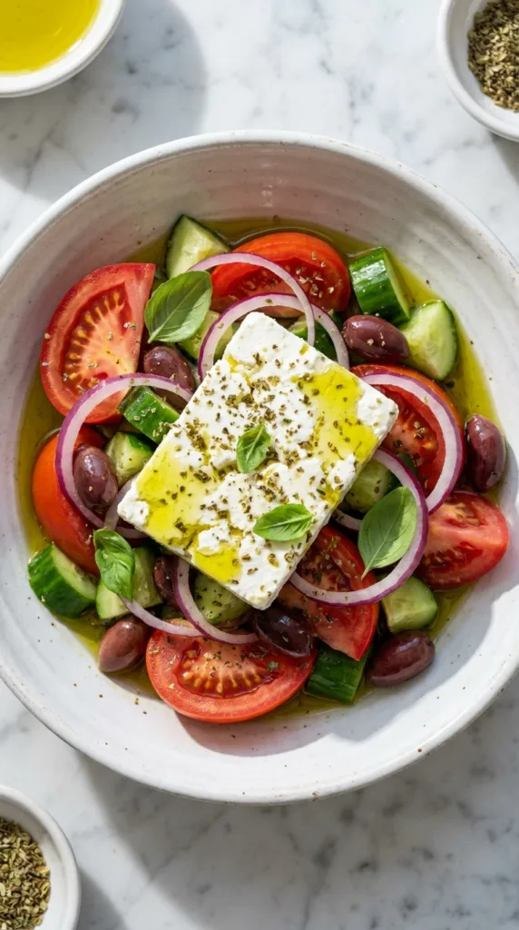 Greek salad in white bowl 202605131332