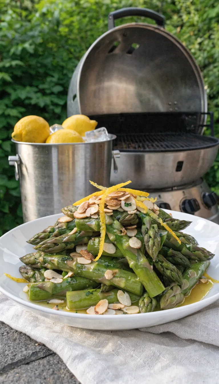Grüner Spargelsalat mit Zitronen-Dressing, serviert auf einem Teller, vor einem Grill und einer Kühlbox mit Zitronen.