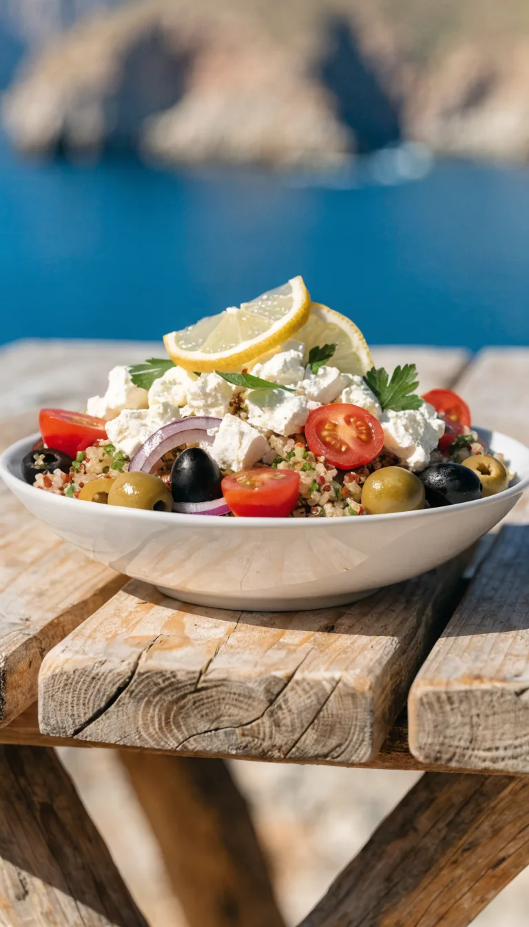 Mediterraner Quinoasalat mit Feta, Tomaten, Oliven und Zitrone