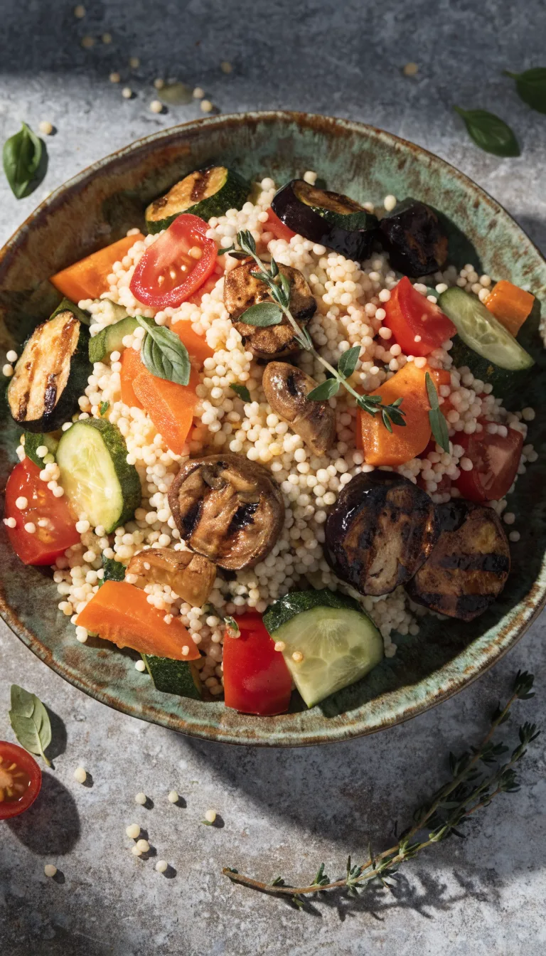 Bunter Couscoussalat mit gegrilltem Gemüse, Paprika, Zucchini und Tomaten in einer Schüssel