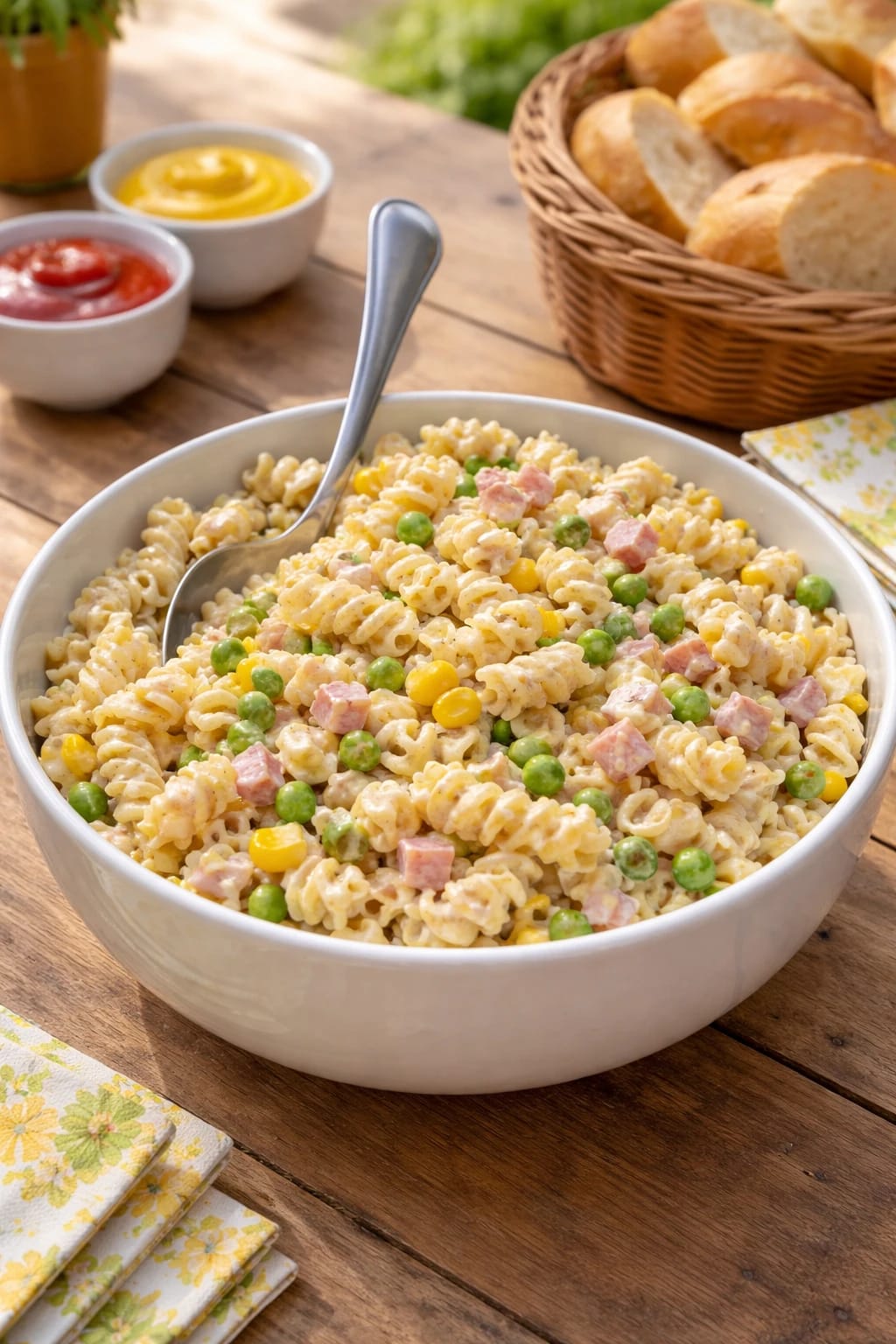 Cremiger Nudelsalat mit Erbsen und Schinkenwürfeln