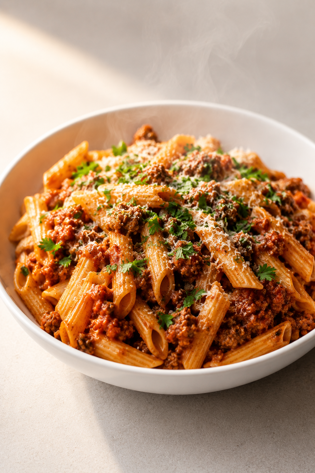 Das Rezept: Kichererbsenpasta mit gemischtem Hackfleisch