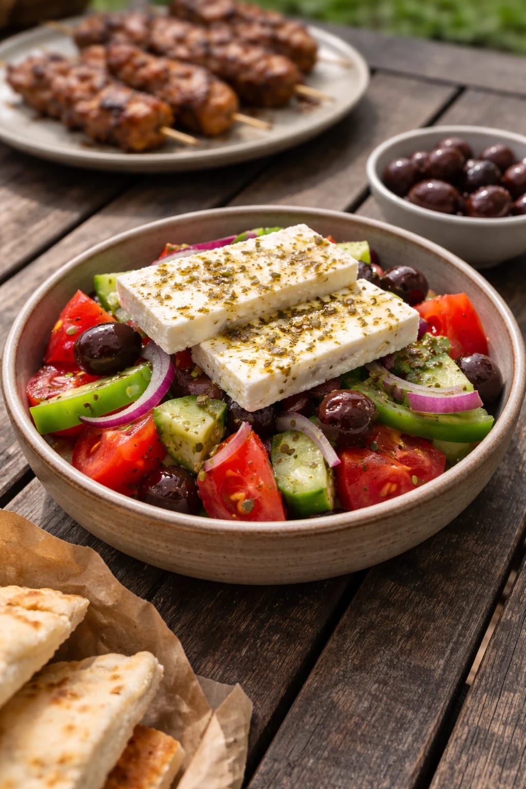 Griechischer Bauernsalat mit dicken Feta-Scheiben