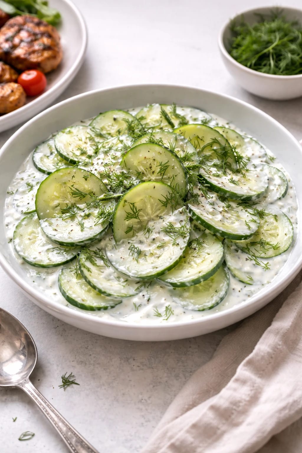 Gurkensalat mit Joghurt und Dill, die wohl frischeste Grillbeilage