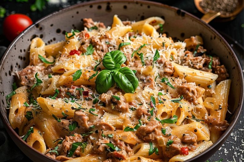 Cremige One-Pot-Pasta mit Hackfleisch und Frischkäse: schnelles Familienrezept aus einem Topf