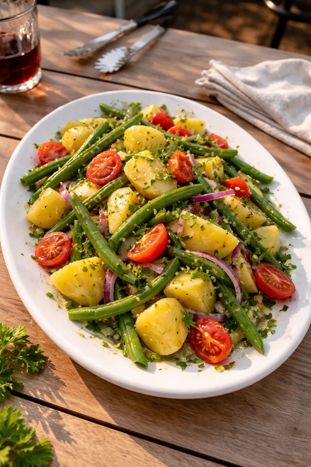 Lauwarmer Kartoffel-Bohnensalat mit Kirschtomaten