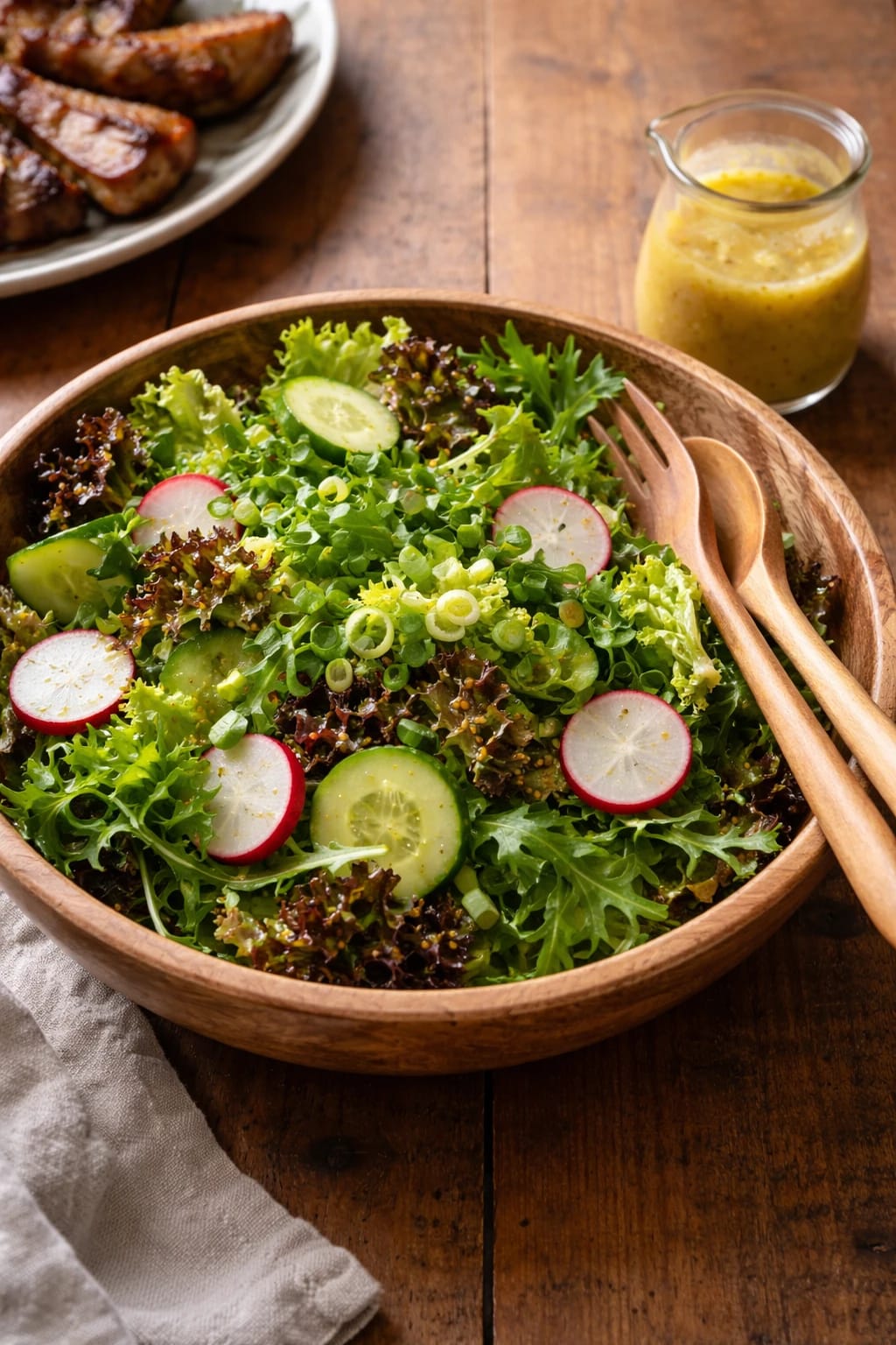 Knackiger grüner Blattsalat mit Senf-Honig-Dressing