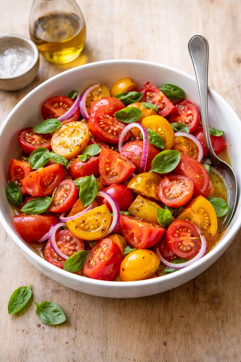 Bunter Tomatensalat mit Basilikum, der schnellste Grill-Beilagensalat