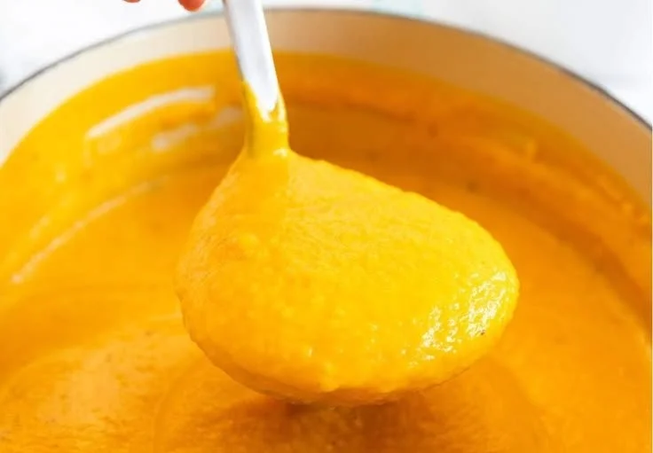 Butternuss Kürbissuppe in einer Schüssel mit frischen Kräutern garniert.