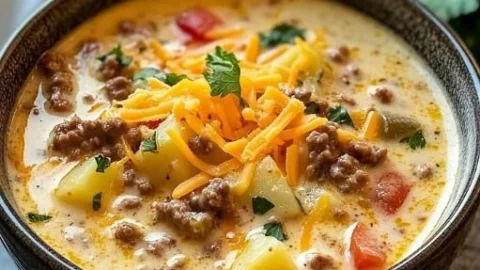 Schüssel mit leckerer Cowboy-Suppe voller Gemüse und Fleisch