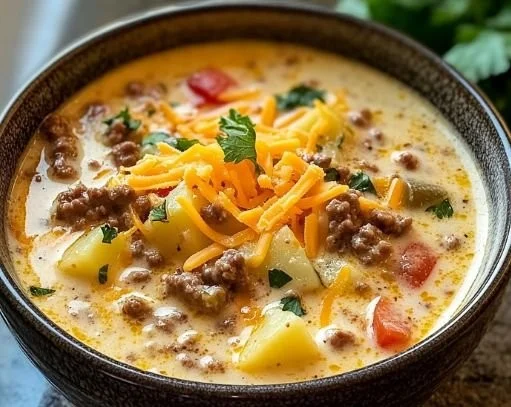 Schüssel mit leckerer Cowboy-Suppe voller Gemüse und Fleisch