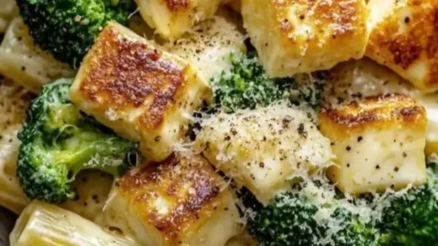 Cremige Halloumi-Brokkoli-Pasta in einer Schüssel, schnell zubereitet in 20 Minuten.