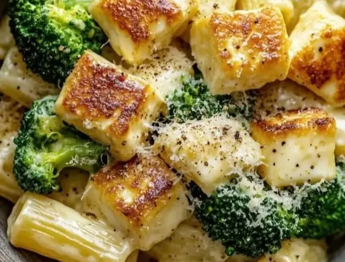 Cremige Halloumi-Brokkoli-Pasta in einer Schüssel, schnell zubereitet in 20 Minuten.