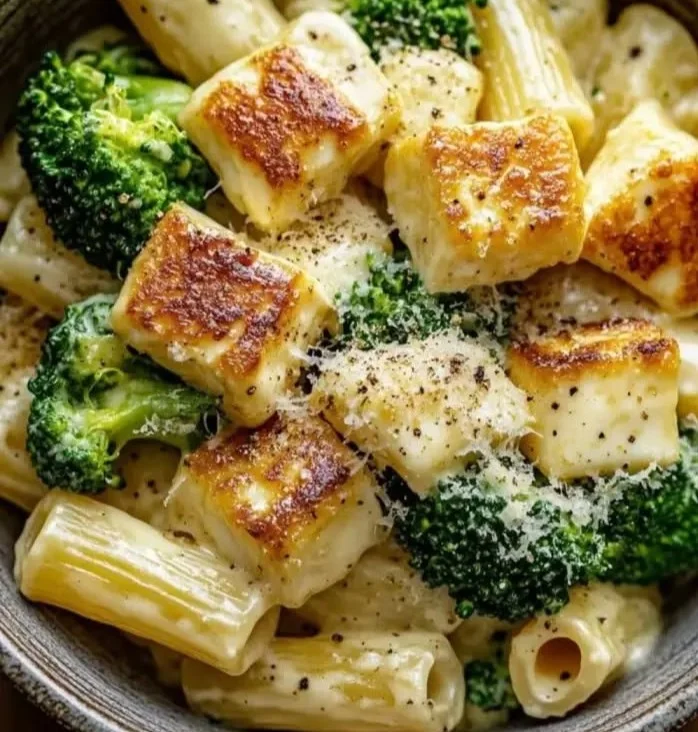 Cremige Halloumi-Brokkoli-Pasta in einer Schüssel, schnell zubereitet in 20 Minuten.