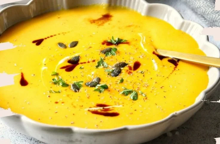 Cremige Kürbissuppe in einer Schüssel, garniert mit Kürbiskernen und Petersilie.