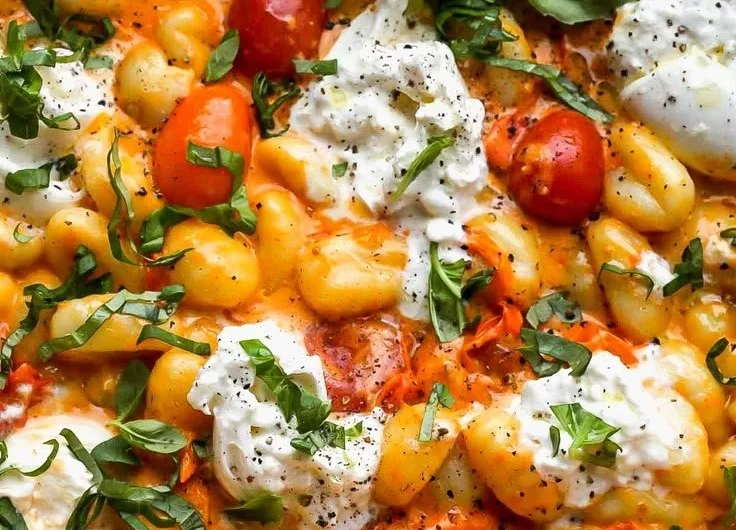 Cremige Tomaten-Gnocchi in einer weißen Schüssel, garniert mit frischem Basilikum