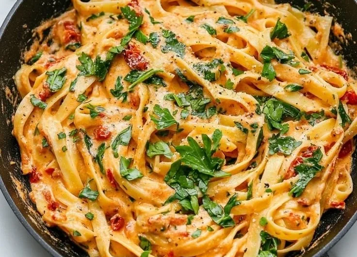 Cremige vegane Pasta mit getrockneten Tomaten auf einem Teller