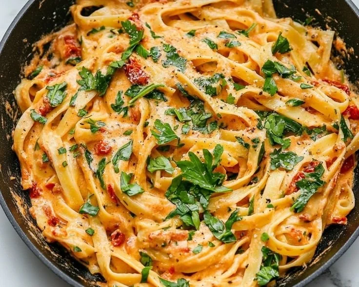 Cremige vegane Pasta mit getrockneten Tomaten
