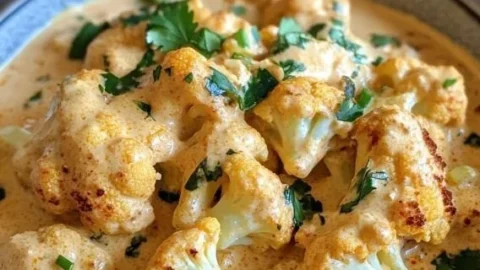 Cremiger Blumenkohl-Curry aus dem Backofen in einer Schale serviert