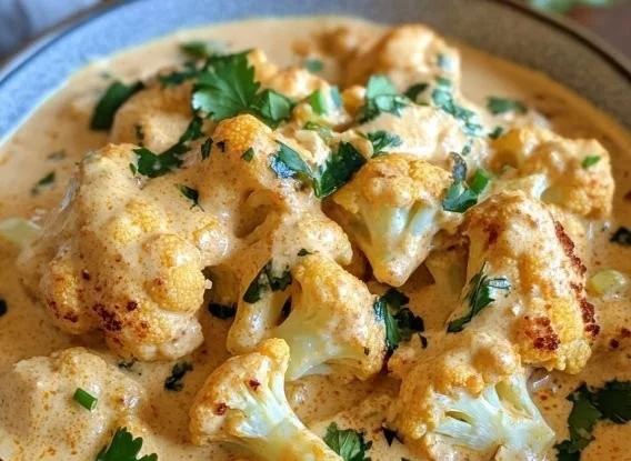 Cremiger Blumenkohl-Curry aus dem Backofen in einer Schale serviert