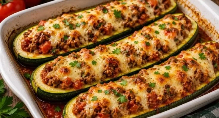 Ein Teller mit gefüllten Zucchini, garniert mit frischen Kräutern und Gewürzen.