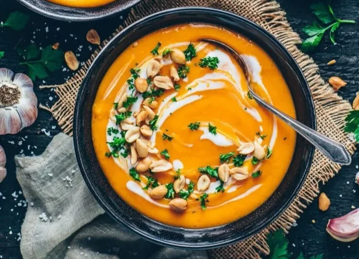 Schüssel mit cremiger gerösteter Kürbissuppe, vegan und lecker.
