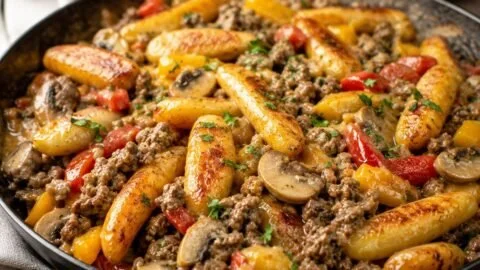 Hackfleisch-Schupfnudelpfanne mit frischen Zutaten und herzhaftem Geschmack