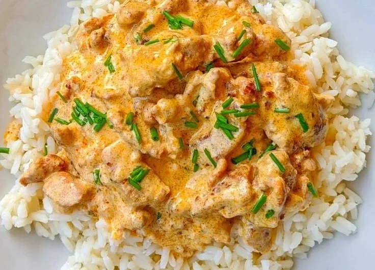 Schnell und cremig Hähnchen Gyros serviert mit Reis