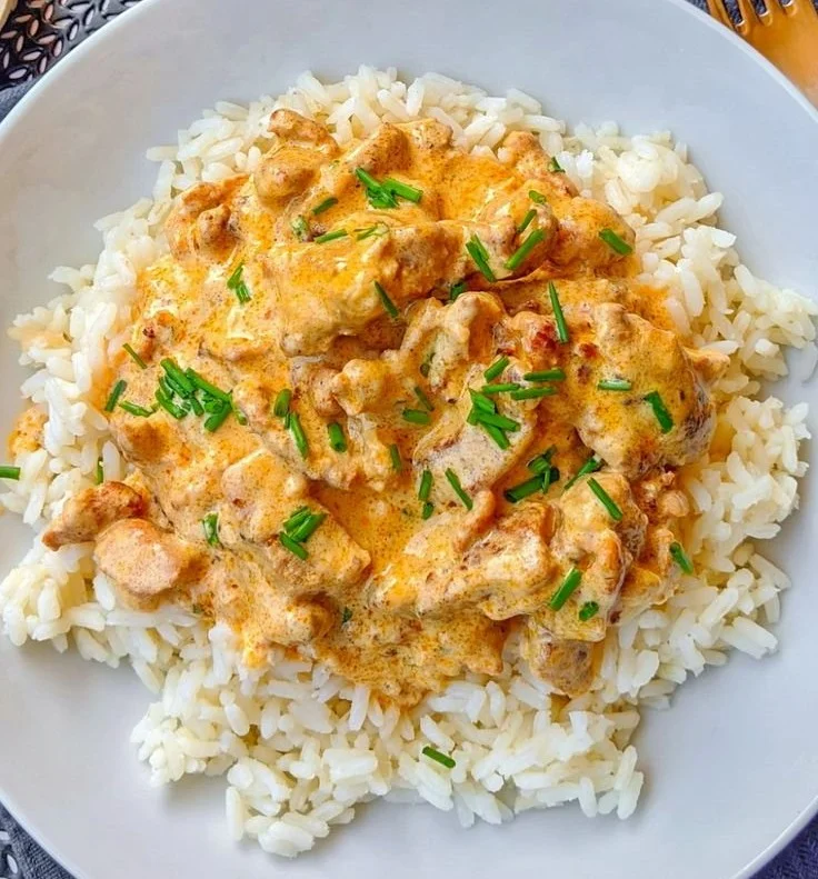 Schnell und cremig Hähnchen Gyros serviert mit Reis