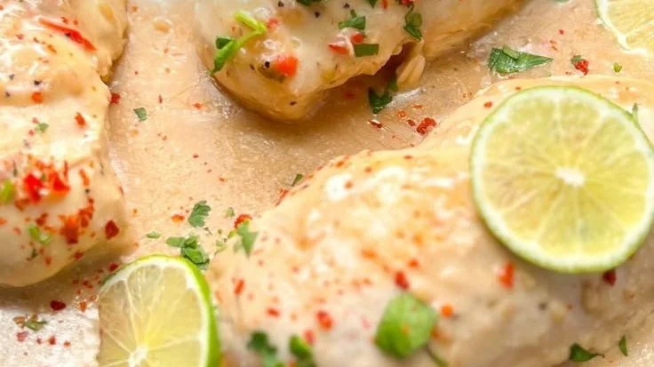 Hähnchen in Kokos-Limetten-Sauce serviert mit frischen Kräutern und Limettenscheiben.