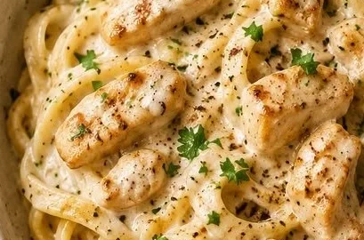 Hähnchen-Pasta in cremiger Soße auf einem Teller serviert